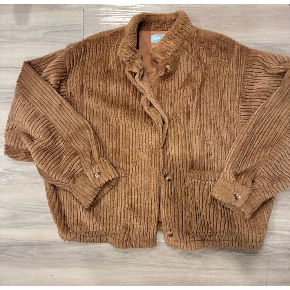 Southern Style Brown Ribbed Faux Fur Plush Button Front Jacket Size L